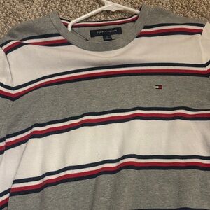 Tommy Hilfiger Men's Gray Sweater with Red and Blue Stripes